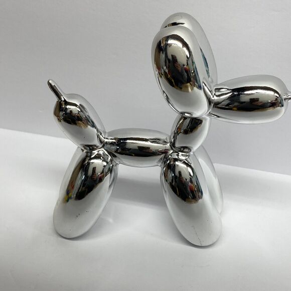 Medium Metallic Silver Balloon Dog Sculpture 6.5” Tall Resin Art Decor - READ